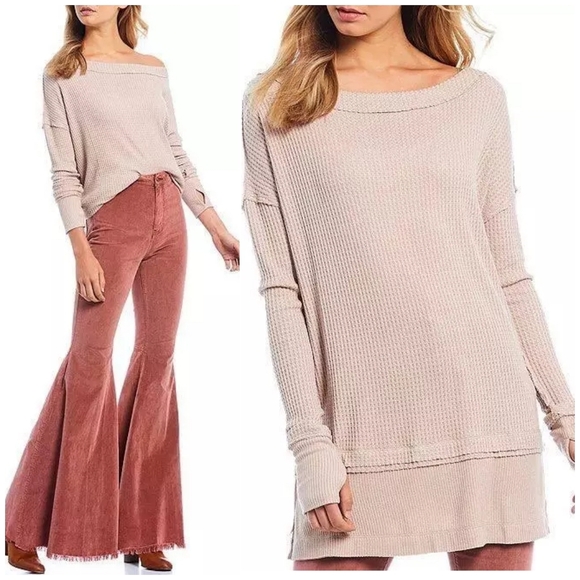 FREE PEOPLE WE THE FREE waffle knit LongSleeve Tunic Blouse oversized Si… - Picture 1 of 16